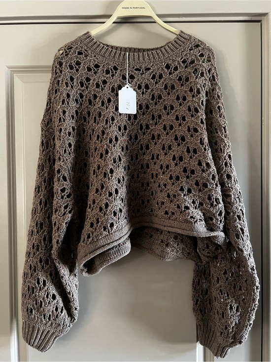 Zenana Outfitters Sweaters - Zenana Outfitters Crochet Scoop-Neck Sweater in Taupe Brown